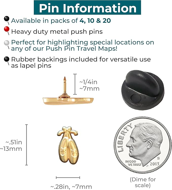 Ballet Slipper Push Pins - Gold Ballet Slippers Map Pins for Cork Boards, Maps, or Lapel Use - Designed in USA - Set of 10