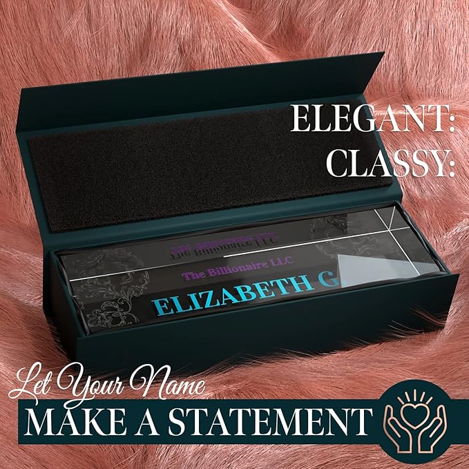 Desk Name Plate Personalized, Custom Name Plates 2½/x8 Inches, Thick Crystal-Clear Acrylic, Gift Box, Office Desk Decor. USA Made by ACRYLUXE (Belvedere)