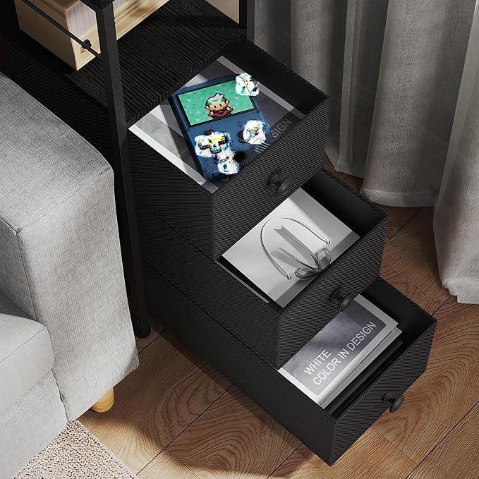 YBING Narrow Dresser, Side Table with 3 Fabric Drawers, Slim Dresser with Open Shelves, Slim Bedside Table for Bedroom, Small Spaces, Black