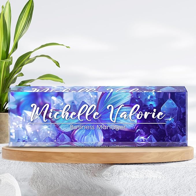 Personalized Name Plate for Desks, Custom Desk Name Plates, Acrylic Name Plate Office Desk Accessories, Personalized Office Gifts for Coworkers Teachers, Employee Appreciation Gifts (Crystal Butterfly)