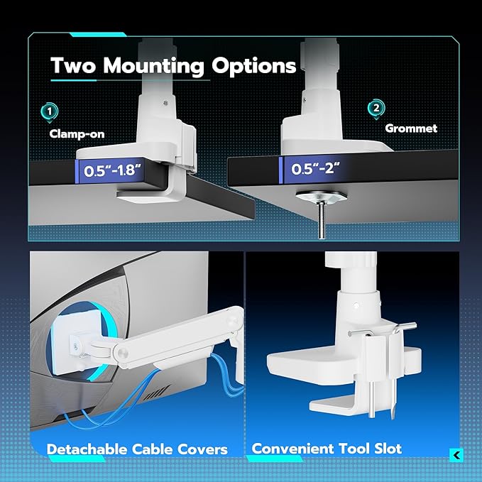 ARES WING Heavy-Duty Monitor Mount for 17-49 inches Ultrawide Curved Flat Monitors Holds 44lbs, with 18" Extended Column for Desk, Adjustable Gas Spring, White