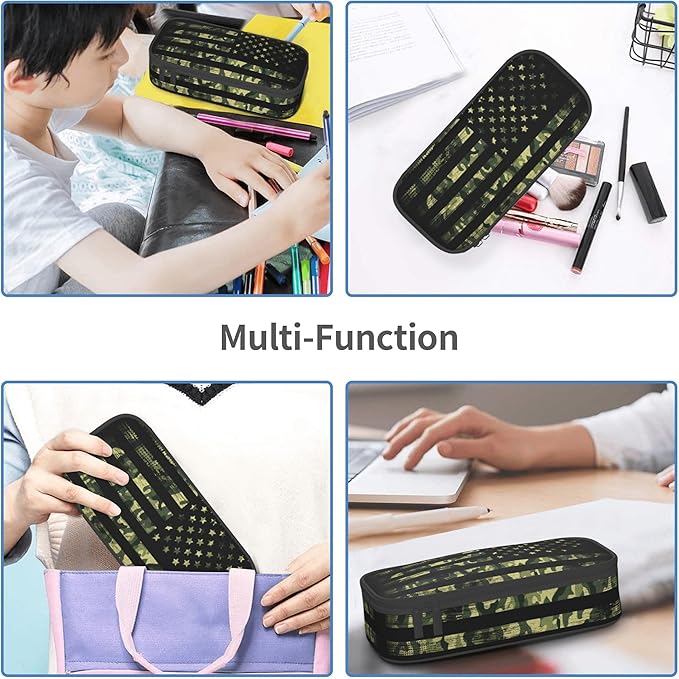 Camo Pencil Box for Kids Adults, Usa Flag Style Pencil Case for Boys Girls, Green Pencil Pouch Big Capacity Portable Pencil Holder Stationery Storage Desk Pen Bag for School Office