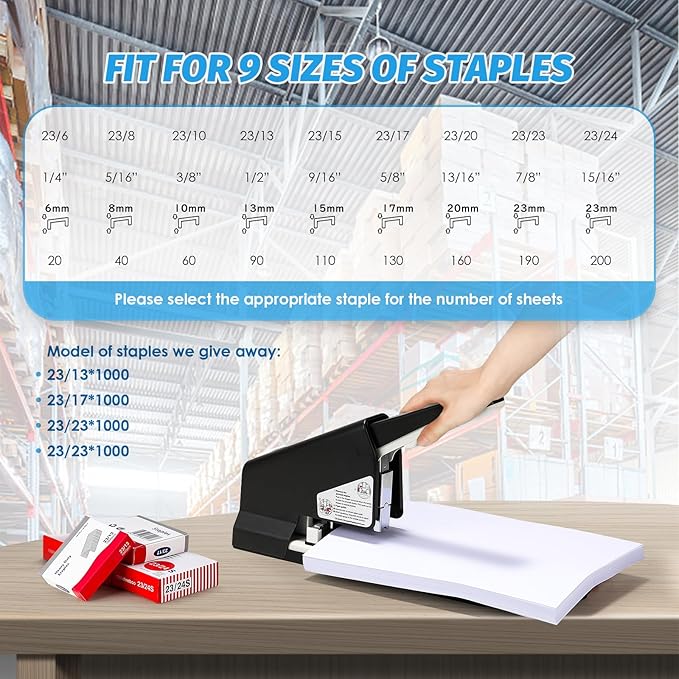 Heavy Duty Stapler 210 Sheets Large Capacity Office Staplers for Desk with 4000 Staples, Black Labor Saving Stapler with Adjustable Stapling, Jam Free for Office, Classroom Paper Binding