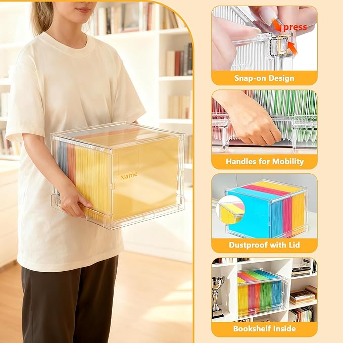 File Organizer Box with Lid,Hanging Filing Folder Organizer for Document Storage with Plastic Slide,Letter-size File Holder Filing Box for Office/Home/Decor/（2Pack）