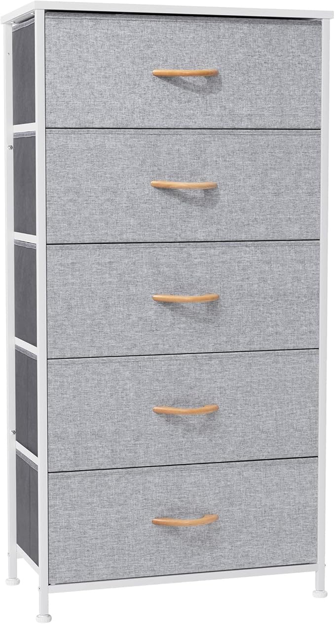 Crestlive Products Vertical Dresser Storage Tower - Sturdy Steel Frame, Wood Top, Easy Pull Fabric Bins - Wide Organizer Unit for Bedroom, Hallway, Entryway, Closets - 5 Drawers(Light Gray)