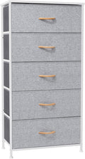 Crestlive Products Vertical Dresser Storage Tower - Sturdy Steel Frame, Wood Top, Easy Pull Fabric Bins - Wide Organizer Unit for Bedroom, Hallway, Entryway, Closets - 5 Drawers(Light Gray)