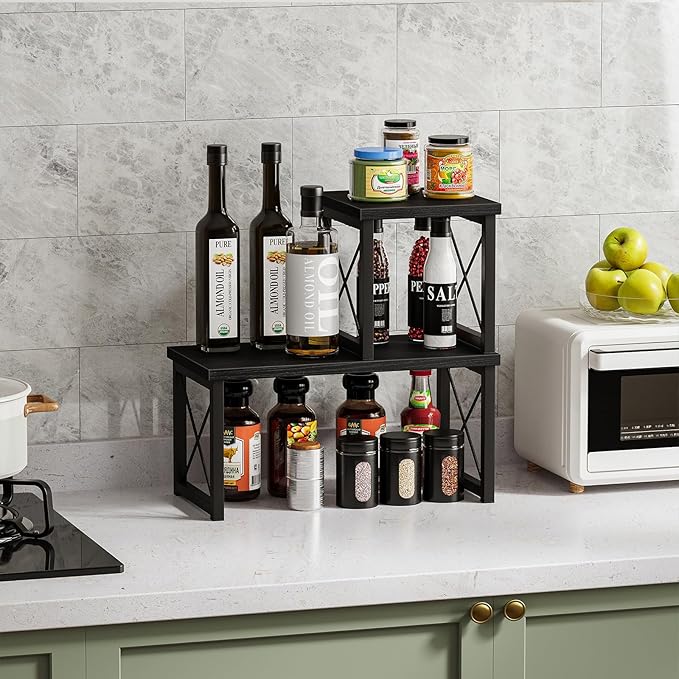 Honiter Desk Shelf Desktop Organizer 2 Tier Wood Small Bookshelf,Rustic Brown Freestanding Adjustable, Organizer, Stackable, Desk Stand, Storage Organizers, Kitchen Counter Display Rack