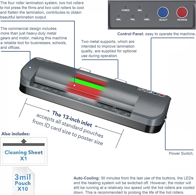 SINCHI 13-Inch Thermal Laminator & Foil Applicator, 3–10 Mil, 4-Roller, 55s Warm-Up, 18 seconds/page, Auto Shutoff, Commercial-Grade Laminating Machine with 10 Pouches for Office, School, Crafts & DIY