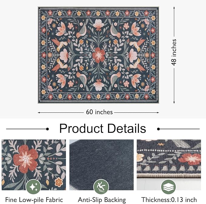 Anidaroel 48"x60" Office Chair Mat for Hardwood Floor/Tile, Black Floor Mat for Office Chairs, Anti-Slip Floral Under Desk Rug for Rolling Chairs, Bird Bug Low Pile Desk Chair Mats for Hardwood