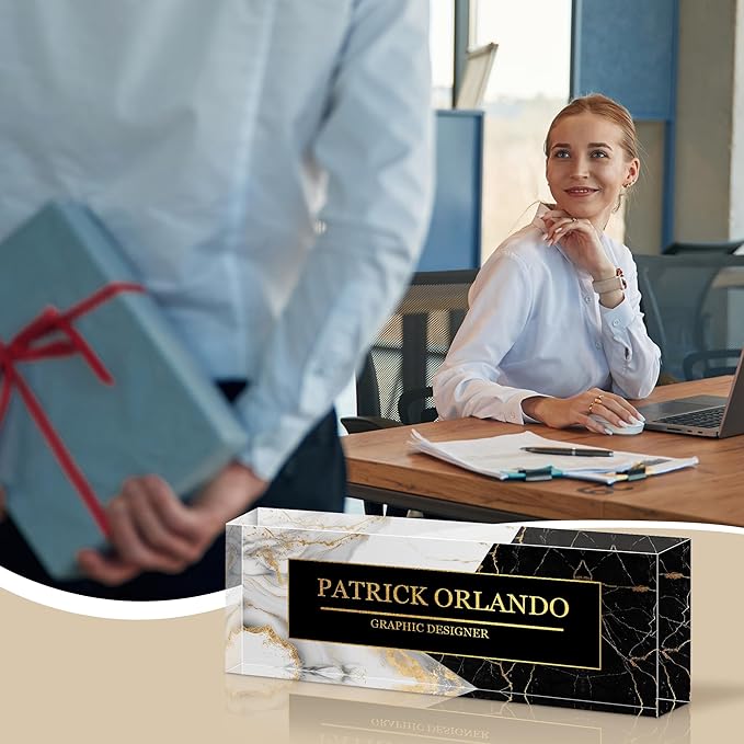Personalized Name Plate for Desk, Custom Acrylic Desk Name Sign, Office Appreciation Gifts for Women Men Coworkers Boss Teacher Employee (B/W Marble)