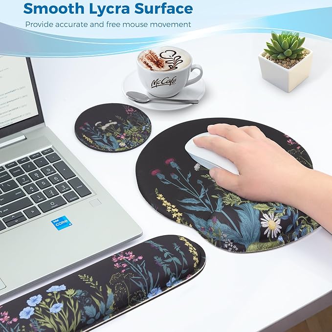 Mouse Pad and Keyboard Wrist Rest Support, with Non-Slip PU Base,Gel Mouse Pad with Coaster,Pain Relief for Gaming, Computer,Office -Flowers