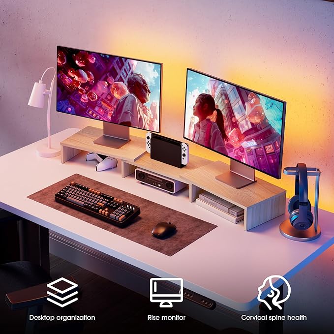 FITUEYES Dual Monitor Stand – 3 Shelf Computer Monitor Riser, Wood Desktop Stand with Adjustable Length and Angle, Desk Accessories, Office Supplies Medium Oak, DT108006WO