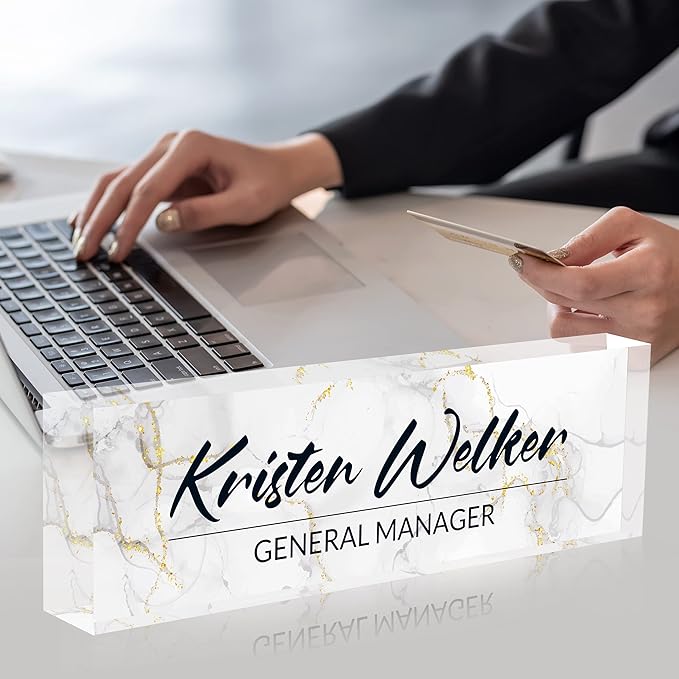 Personalized Desk Name Plate, Custom Acrylic Glass Name Plates for Desks, Office Desk Decor Nameplate, Desk Accessories, Teacher Boss Coworkers Employee Appreciation Gift (White Texture)