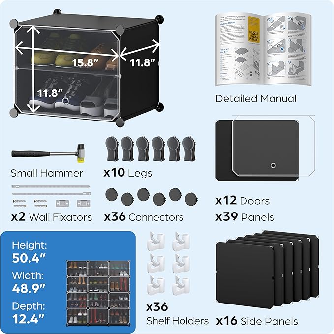 Shoe Organizer Cabinet Up to 48 Pairs, Shoe Closet-Covered Shoe Rack with See-Through Door (Clear, Plastic, Stackable) Cubby Portable Shoe Organizer with Covers, Hooks & Pockets, Black