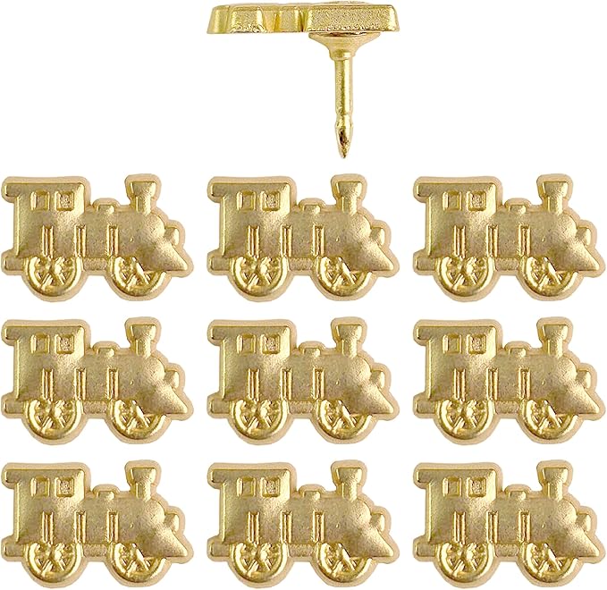 Train Push Pins - Gold Metal Train Pins - for Cork Board, Maps, or Lapel Pin Use - Designed in USA - Set of 10