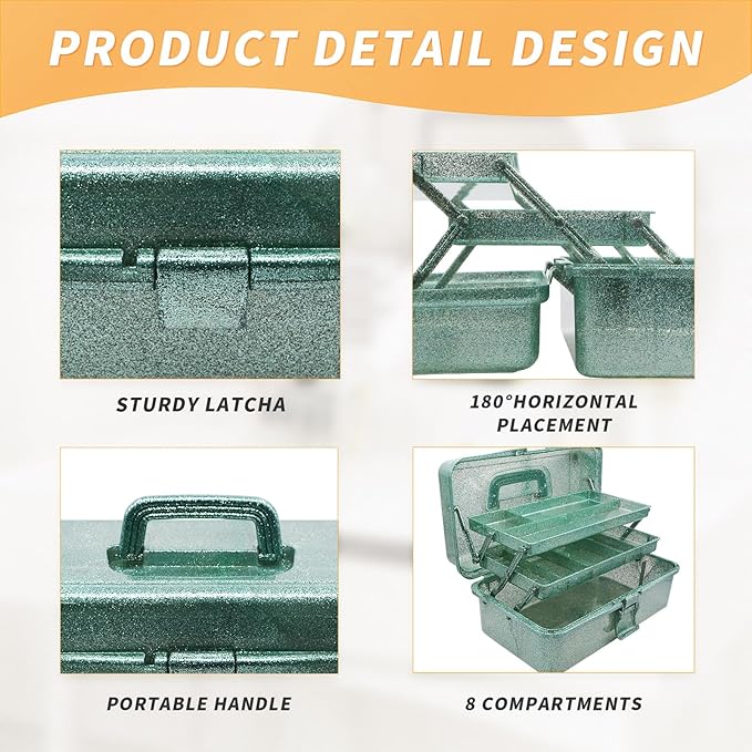 12.2inch 3-Layer Art & Craft Storage Box, Beautiful Sewing Supplies Organizer, Plastic Portable Tackle Boxes, Multipurpose Container for Art Supply Cosmetics Hair Accessories Painting Tools (Green)