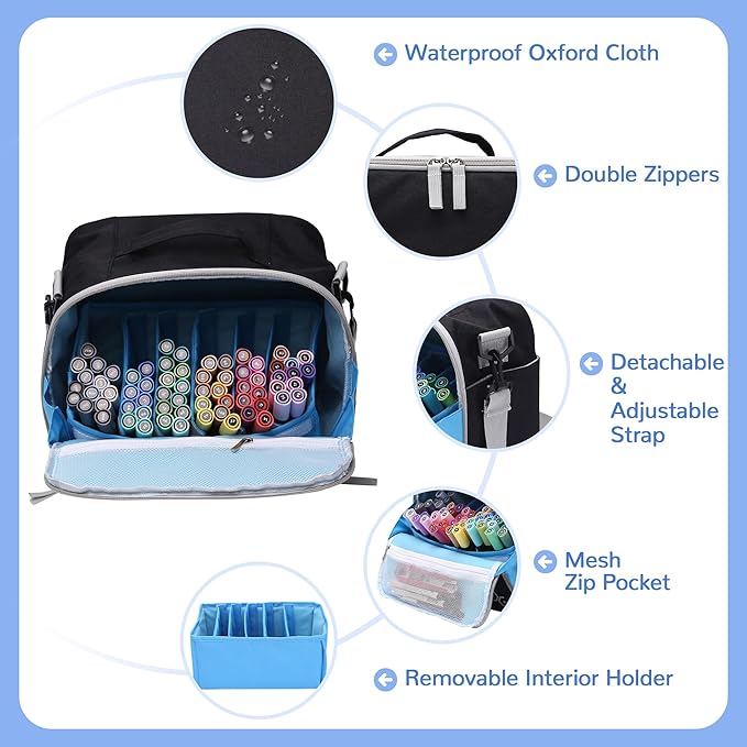 Togood Large Storage Tote Bag for Marker Pens Brush Pen Coloring Pencils Books Art and Crafts Supplies Tools Cosmetics, Up to 130 Pens,black