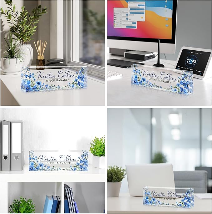 Custom Name Plate for Desk, Personalized Desk Name Plate on Clear Acrylic Glass, Appreciation Gifts for Teacher Employee Boss Coworkers Nurse, Office Desk Accessories for Women Men (Cerulean)
