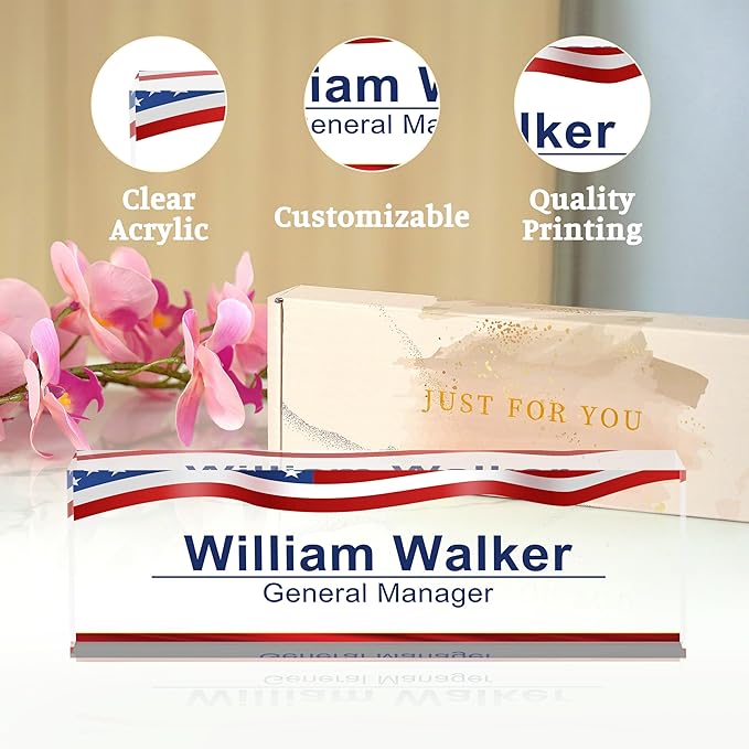 Personalized American Flag Name Plate for Office Desk - Gifts for Boss, Men, Employee Appreciation, Office Decor (US Flag 2)