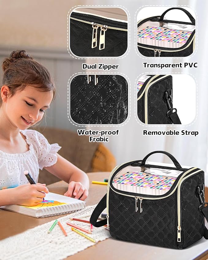 Marker Organizer Case for 72 Markers, Small Marker Storage Bag with Removable Divider & PVC Top, Portable Marker Pen Carrying Case with Handle & Shoulder Strap, Black