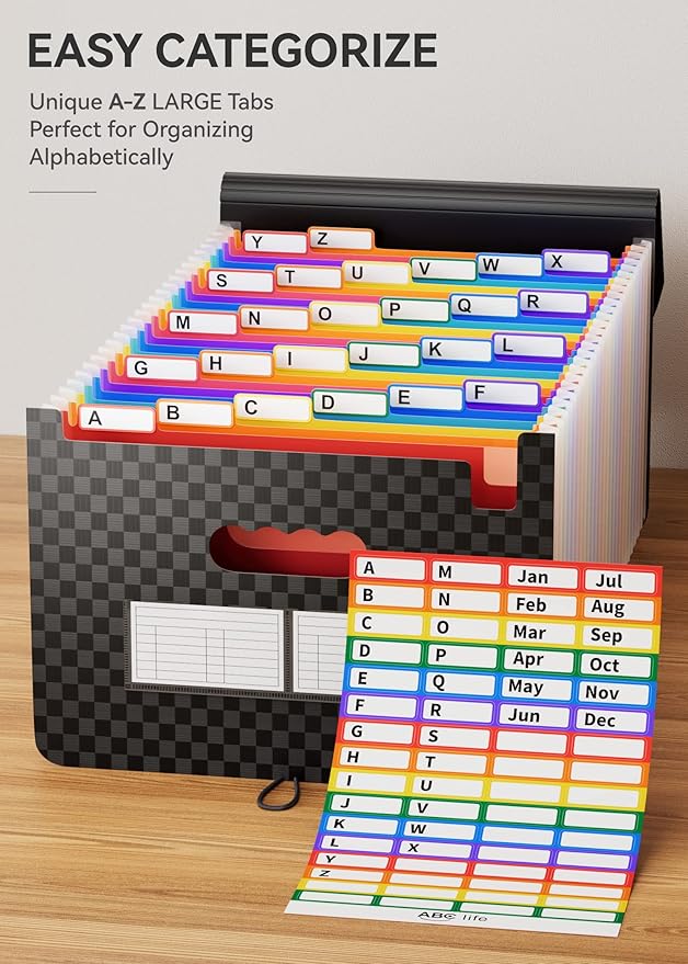 ABC life 26 Pockets File Organizer, Expanding File Folder A4 Letter Size, Portable Monthly Paper Bill Tax Receipt Organizer, Document Holder with Labels - Checkered Pattern