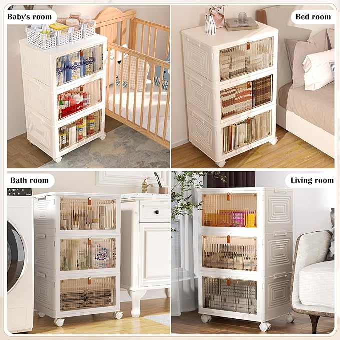 3 Tier Plastic Storage Bins with Lids 35QT, Stackable Storage Containers with Wheels, Folding Storage Boxes, Collapsible Storage Bins, Closet Organizers and Storage for Living Room,Office,Dorm