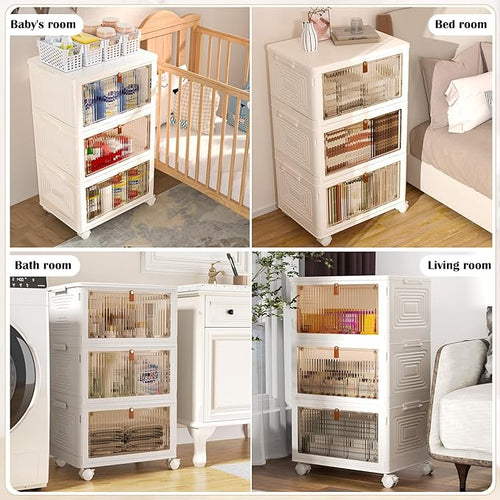 3 Tier Plastic Storage Bins with Lids 35QT, Stackable Storage Containers with Wheels, Folding Storage Boxes, Collapsible Storage Bins, Closet Organizers and Storage for Living Room,Office,Dorm