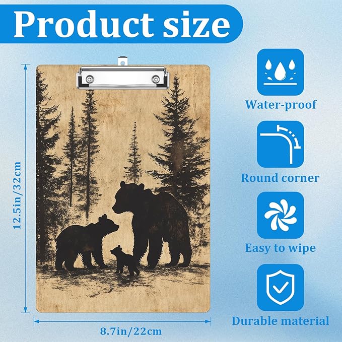 Bear Pine Tree Forest Clipboard Decorative Clip Board with Metal Clip A4 Standard Size 12.5" X 8.7" for Teacher Students Nurses Office