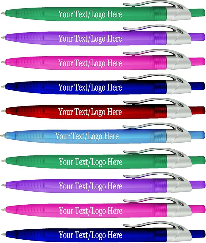 SyPen Personalized Pens With your Custom Logo or Text-500 Pack Bulk-for Businesses, Parties, and Events, Custom Printed Ballpoint Click Pens, Translucent Barrel, Assorted Colors, Black Ink