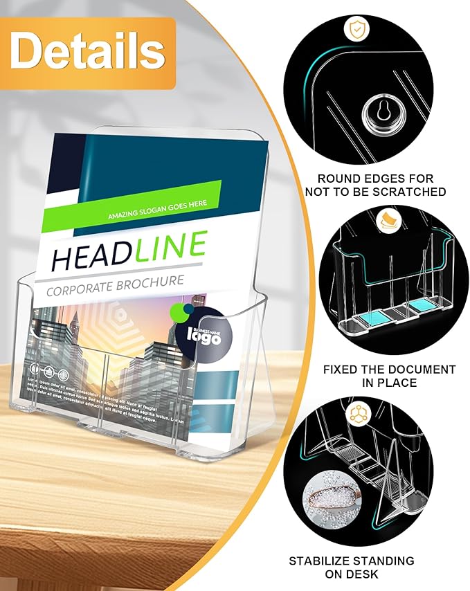Acrylic Brochure Holder 8.5 x 11, 4 Pack Clear Brochure and Business Rack Card Holder Stand, Wall Mount Flyer Holder for Store Office Magazine Pamphlet Literature Document Menu Journals