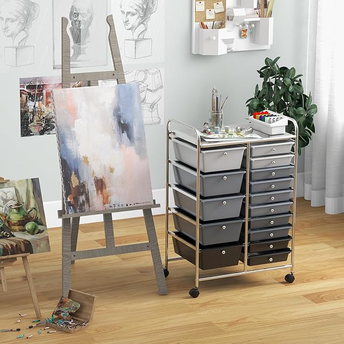 ARLIME 15-Drawer Storage Cart, Grey, Metal and Plastic Frame, Polypropylene Boxes, Rolling Organizer for Office and School