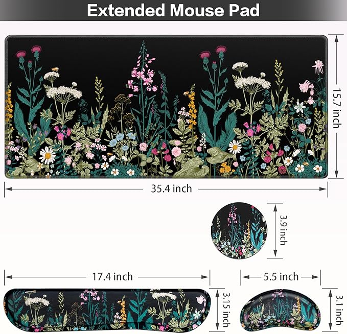 Desk Mat, Large Gaming Mouse Pad with Wrist Rest, 4in1 XXL Mousepad+Keyboard Wrist Rest+Mouse Pad Wrist Support+Cup Coaster Set Ergonomic Floral Computer Desk Arm Wrist for Decor Home Office Women