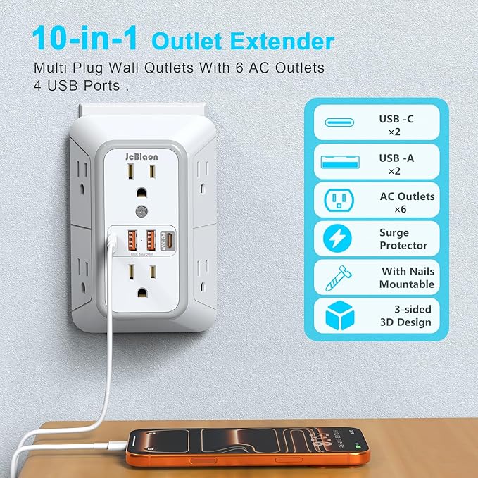JcBlaon Multi Plug Outlet Surge Protector, Wall Charger with 6 Outlet Splitter with 4 USB Ports(PD 20W), 3-Sided 1050J Surge Protector Power Strip for Home Office Dorm Room Essentials