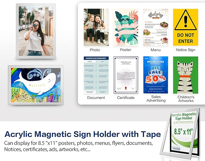 10Pack Acrylic Sign Holder 8.5" x 11" Wall Mount, Self Adhesive Magnetic Display Frame with Tape, Plastic Clear Acrylic Frame for Wall, Office, Store, Home