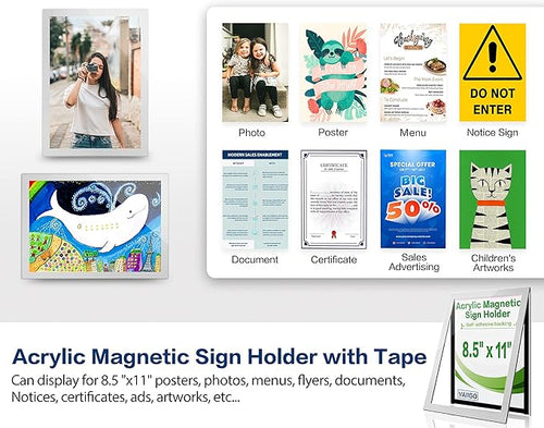 10Pack Acrylic Sign Holder 8.5" x 11" Wall Mount, Self Adhesive Magnetic Display Frame with Tape, Plastic Clear Acrylic Frame for Wall, Office, Store, Home