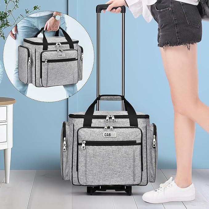 CAB55 Rolling Craft Bag, Tote Bag with Wheels for Women, Rolling Teacher Bag with Removable Folding Hand Truck (Grey)