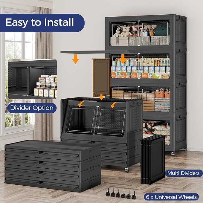 120GAL Storage Bins with Lid and Wheels, Stackable Closet Organizers and Storage Drawer, Collapsible Storage Box with Dividers, Foldable Plastic Cabinets for Room, Kitchen, 3 Pack Black