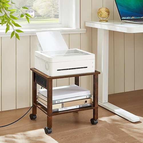 2 Tier Under Desk Printer Stand with Storage, Small Printer Table with Charging Station, Rolling Printer Cart Shelf with Lockable Wheels for Home, Office (Brown)
