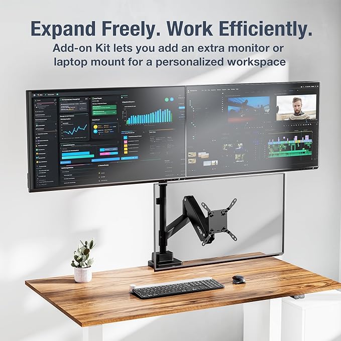 AVLT 57 Inch Heavy Duty Pole Top Mount Monitor Arm Series – Dual & Single Add-On Kits, Height Adjustable, VESA Compatible (Black, Add-On Monitor Arm)