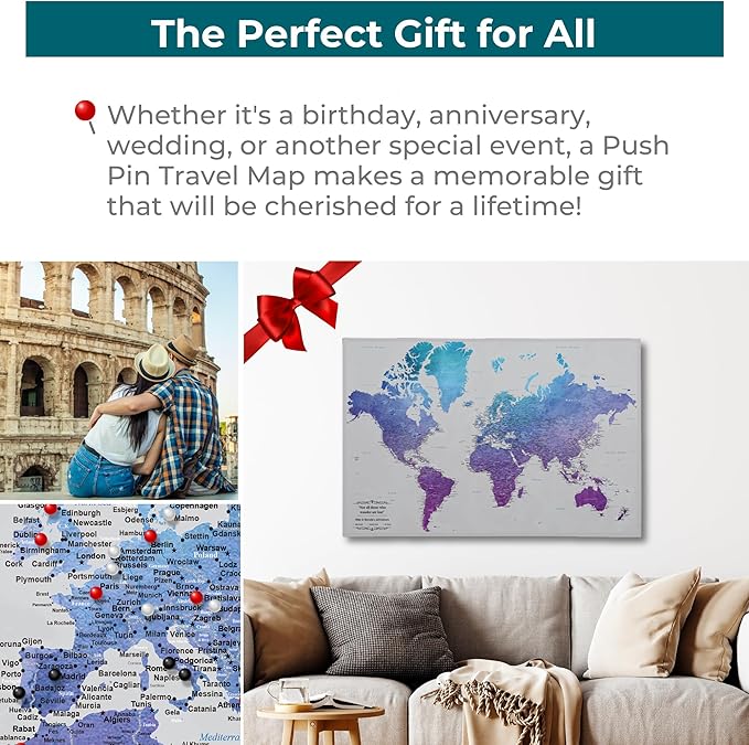 Gallery Wrapped - Vibrant Violet Watercolor World Push Pin Travel Map with pins