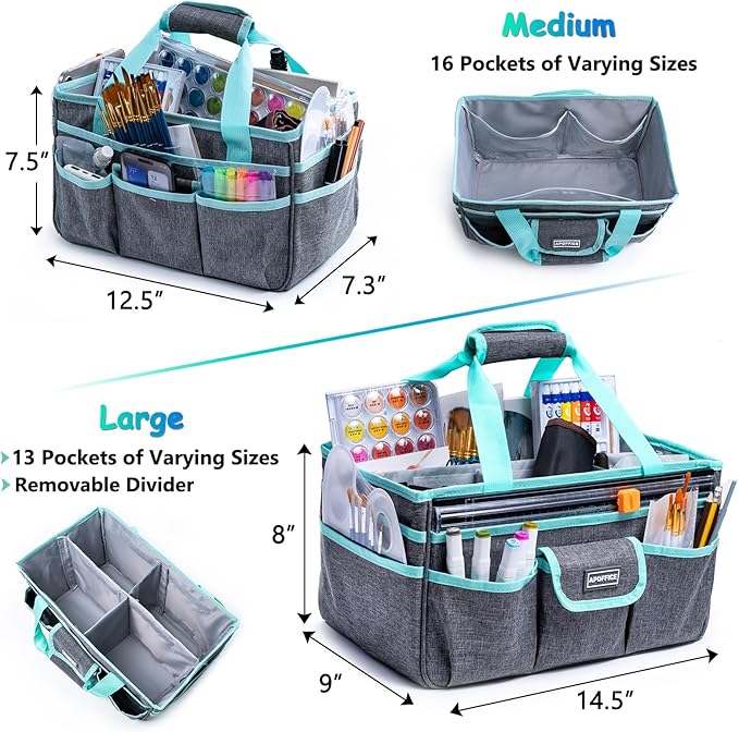 Art Supply Organizer Tote Bag – Craft Caddy with Handle, Utility Storage Tote with Multiple Pockets & Adjustable Divider for Stationary, Sewing, Scrapbooking, School, Office, Medical Supplies