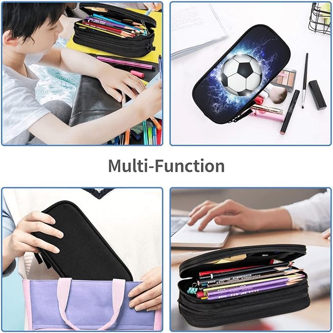 Boys Soccer Pencil Box Black Blue Pencil Case for Kids Teens, Big Capacity Canvas Storage Pouch Marker Pen Bag Stationery Organization Bag, Portable Sports Travel Storage Box Desk Office Organizer