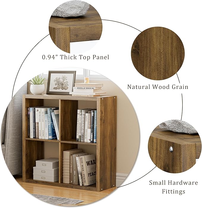 Cube Storage Organizer Bookcase, Decorative 11 inch Open Back Cubical Shelf with Thickened Border, Display Bookshelf for Living Room, Home Office, Sturdy Room (Brown, 4 Cube)