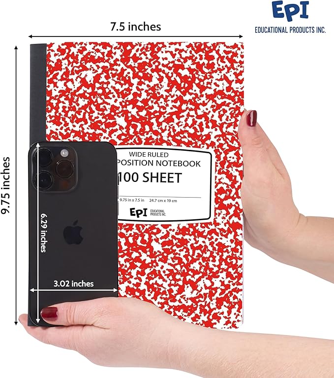4 Pack EPI Wide Ruled Red Cover Composition Notebook, Bulk, 200 pages (100 Sheets), 9-3/4 x 7-1/2, Marble, Bulk School Supplies, Hard Cover, Durable, Office Notebooks, Sturdy Sewn Binding
