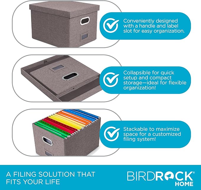 Internet's Best Collapsible File Box Storage Organizer with Lid - Decorative Linen Filing & Storage Office Boxes – Hanging Letter/Legal Folder – Home Office Bins Cabinet – Grey Container - 1 Pack