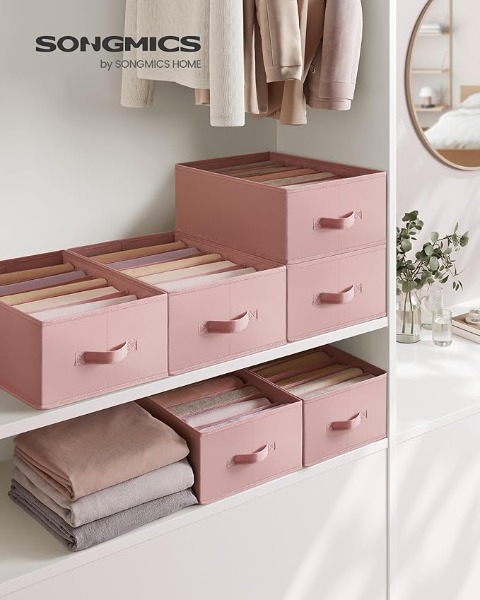 SONGMICS Set of 4 Large Size Wardrobe Clothes Organizers, 6-Compartment Foldable Drawer Organizers with Handles, 16.5 x 11.8 x 6.7 Inches, for Pants, Sweaters, Jeans, Jelly Pink URUS009R01