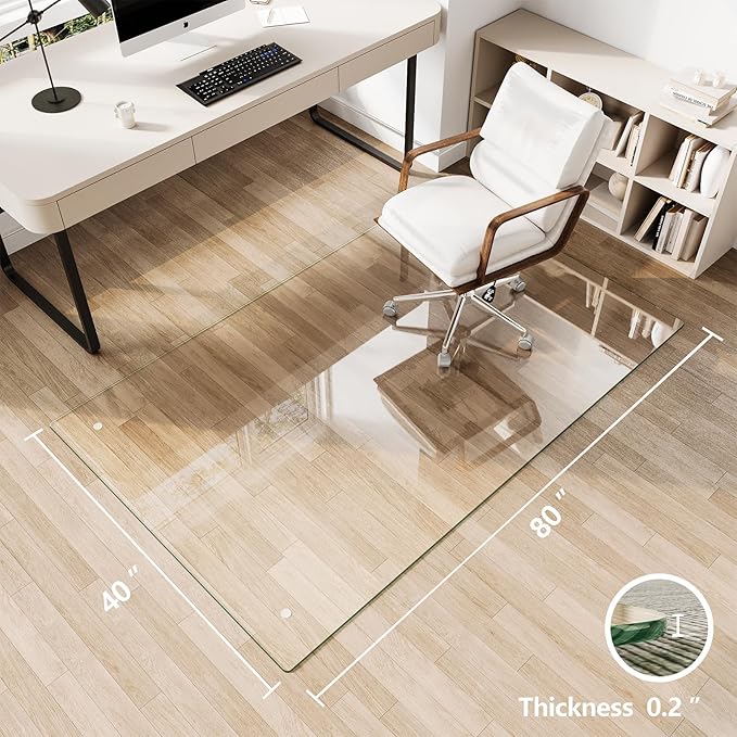 Koonmi Glass Chair Mat for Carpet, 40"x80" Tempered Glass Office Chair Mat, Glass Floor Mats with Rounded and Polished Edges, Desk Chair Mats with 4 Anti-Slip Pads for Hardwood Floor, Carpet