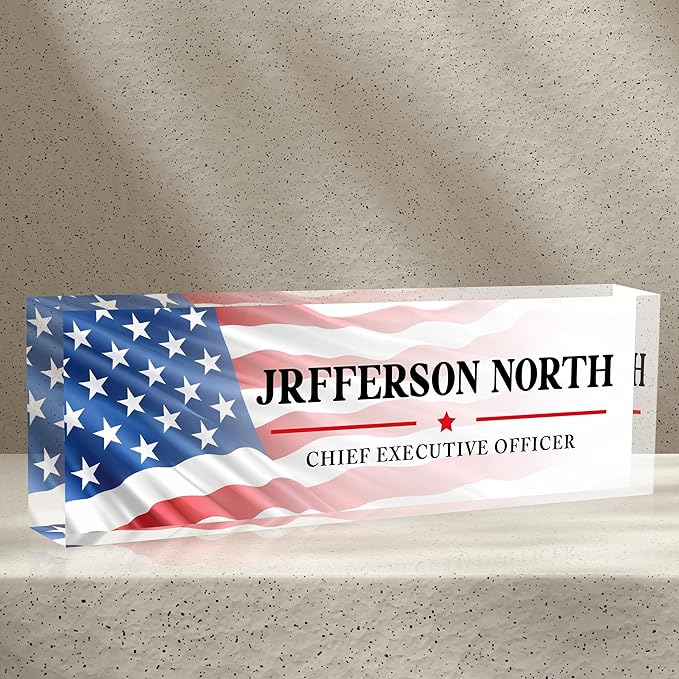 Name Plate for Desk - Personalized Acrylic Name Plate - US FLAG 1 - Small - Professional Style - Office