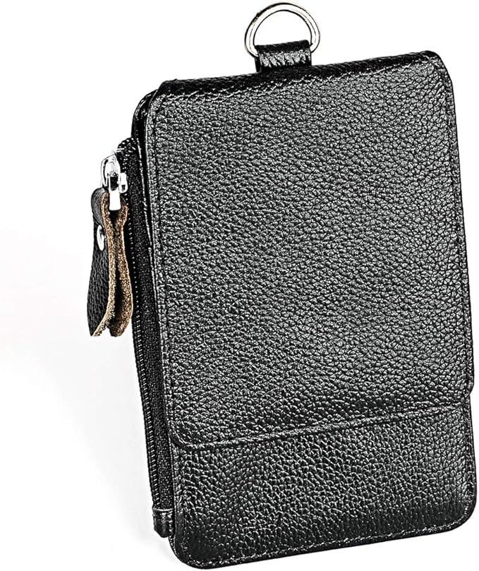 Aslana Genuine Leather ID Badge Holder with Lanyard, RFID Blocking Protection (A1- Black), ID10