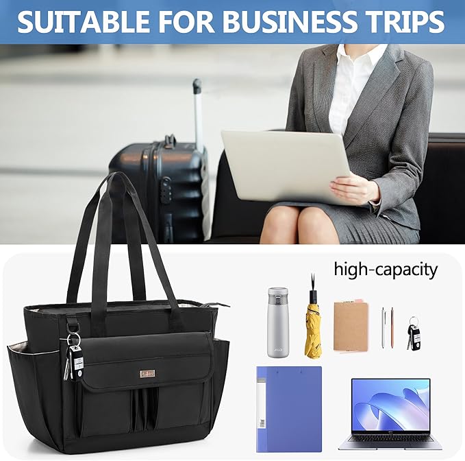 LoDrid File Tote Bag with Extra Document Organizer Case for Letter Size File Folders, Large Utility Bag with 15.6” Laptop Padded Sleeve for Work, Business, Black